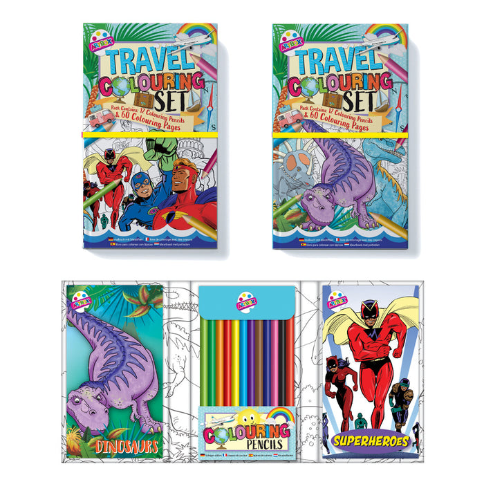 Travel Colouring Set With 60 Pages & 12 Pencils - Dinosaur / Superhero