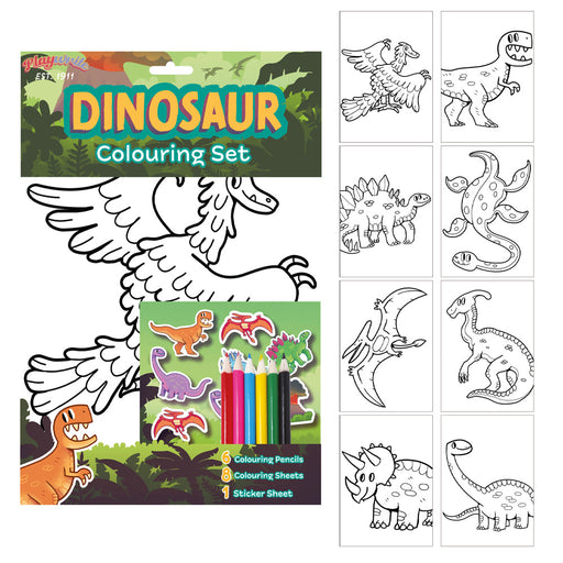 Dinosaur Colouring Set With 6 Pencils 8 Sheets & Stickers