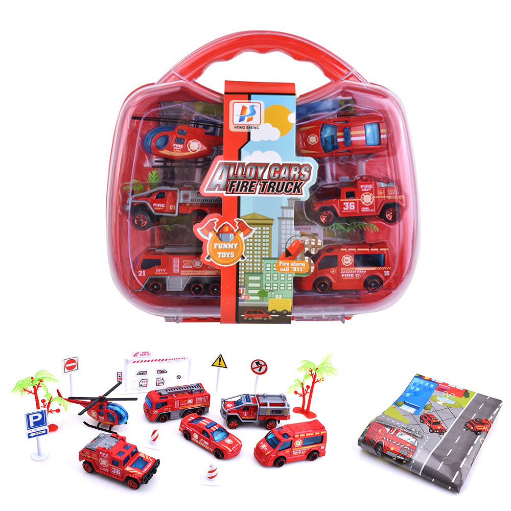 Alloy Cars Fire Rescue Vehicle Playset In Carry Case