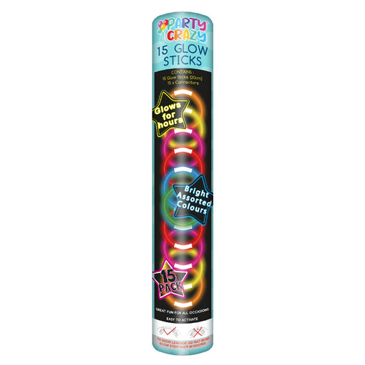 Party Crazy Colourful 20cm Glow Sticks & Connectors 15pk