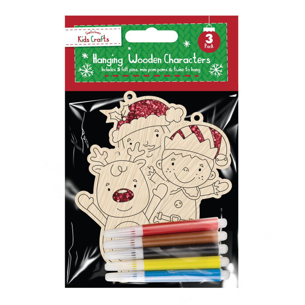 Christmas Hanging Wooden Colour In Characters 3pk